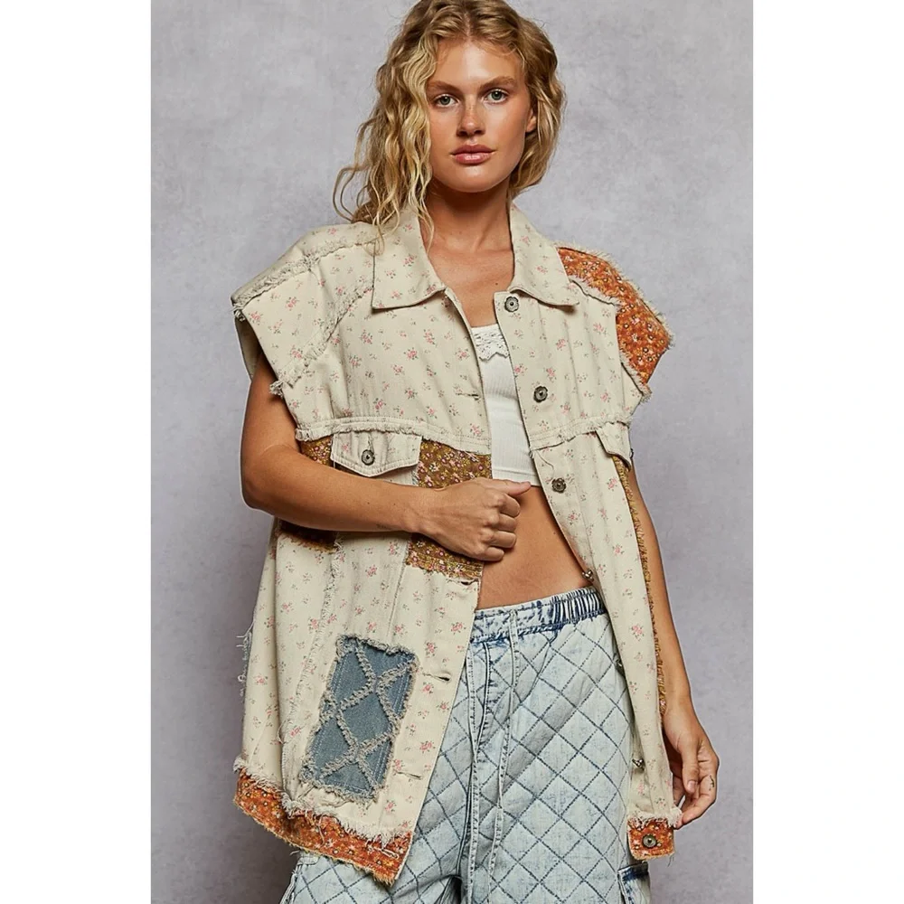 POL Cream Floral Patchwork Denim Vest | Long Mixed Fabric Boho Vest - Picture 2 of 5